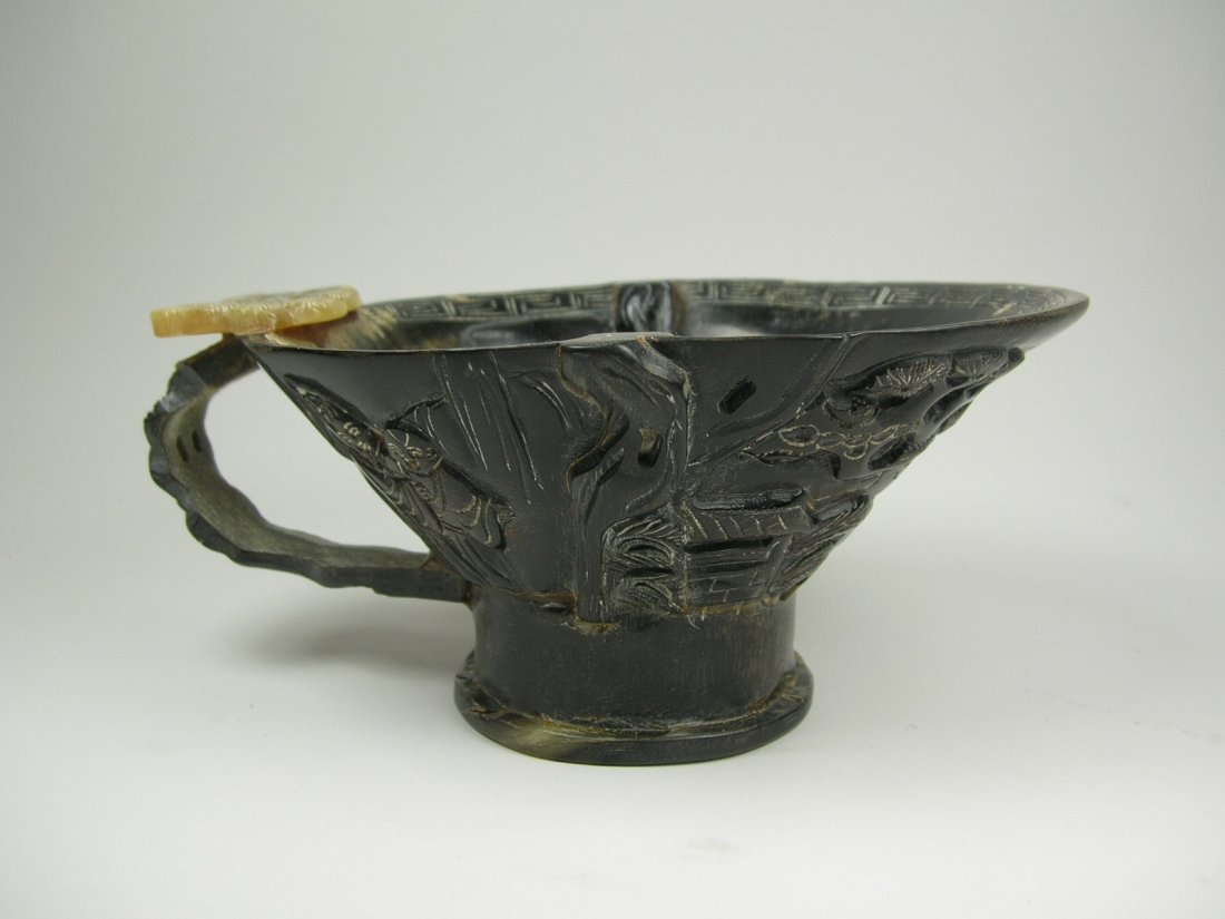 Unusual Chinese Carved Ox-Horn Libation Cup (1 of 9)