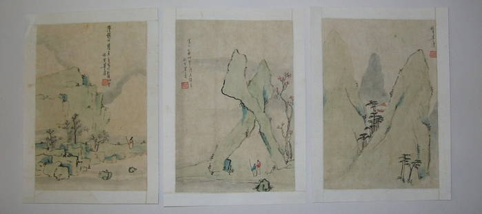 Three Small Chinese Watercolor Paintings Qing Dynasty: Three small landscape paintings, watercolor on paper by Liang Yuwei, late 19th century, good condition, from a private New York collection, 8" x 11 1/2" (painting only)