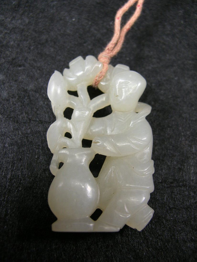 Antique Carved White Jade Pendant of Lotus Boy (1 of 7)