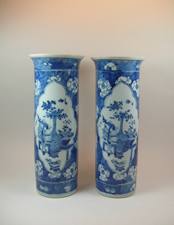 Pair of Chinese Blue and White Cylindrical Vases (1 of 9)