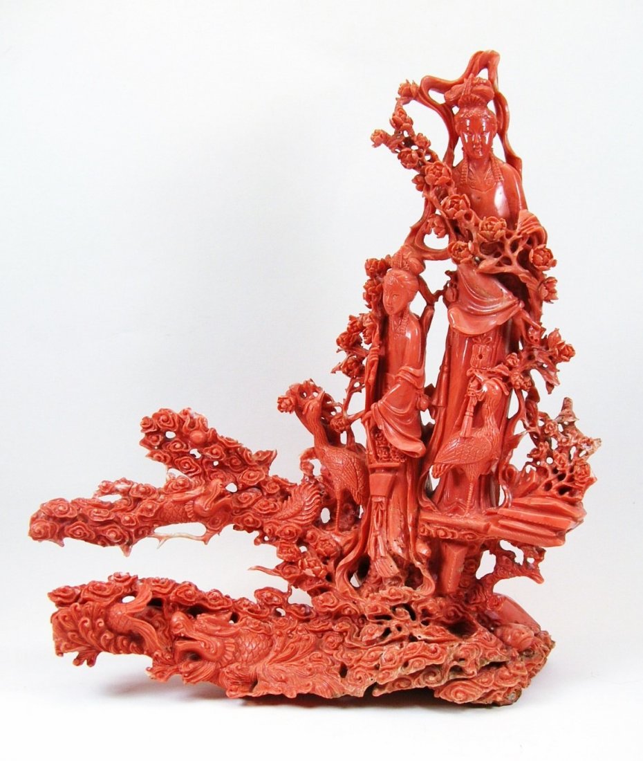 Superb Large Carved Red Coral Maiden & Phoenix Group (1 of 10)