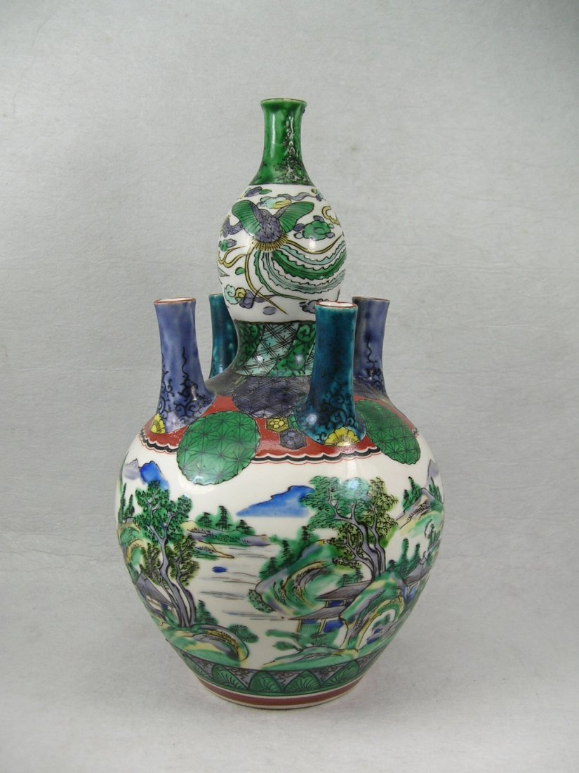 Antique Japanese Famille-Verte Five-Tube Vase Kutani: Finely decorated with phoenix and landscape motifs, with Kutani mark, Meiji period, good condition, private Manhattan collection, 11 3/4" high