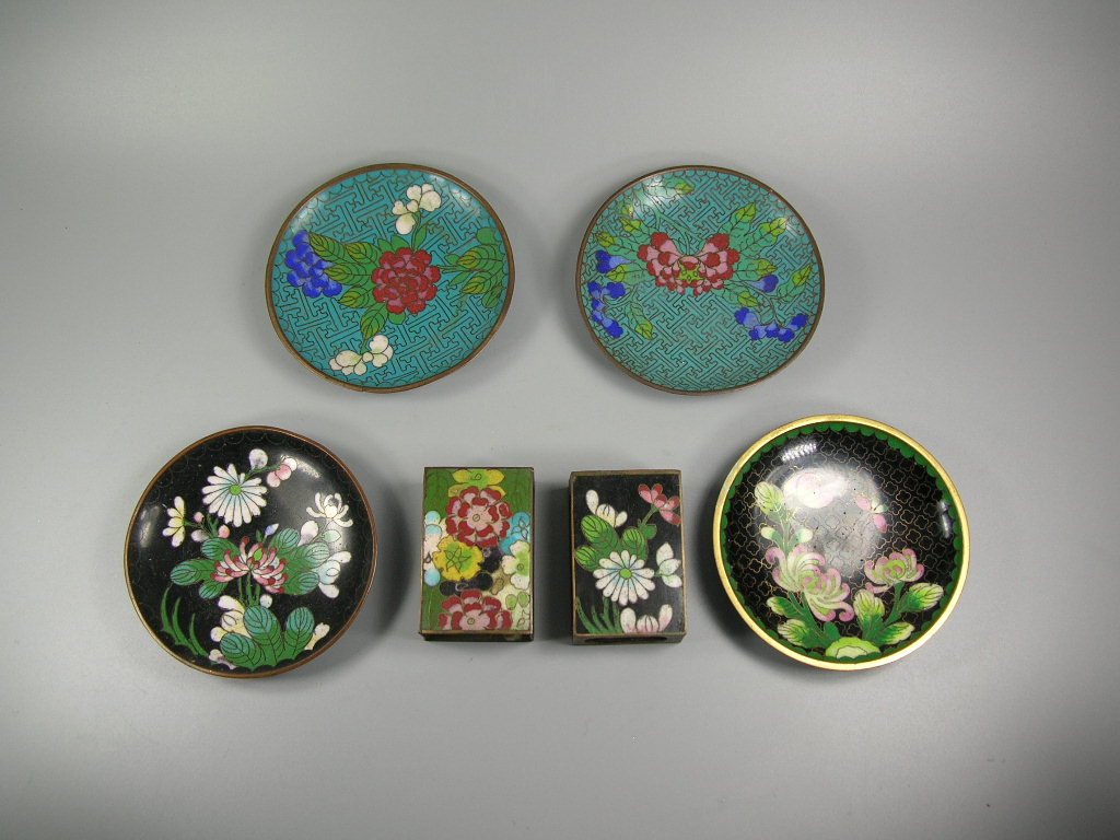 Four Antique Cloisonne Opium Dishes & Two Match Holders (1 of 6)
