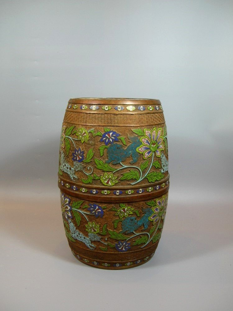 Antique Cloisonne Champleve Bronze Garden Stool: Finely decorated with lotus and lion motifs, good condition 17 1/4" high