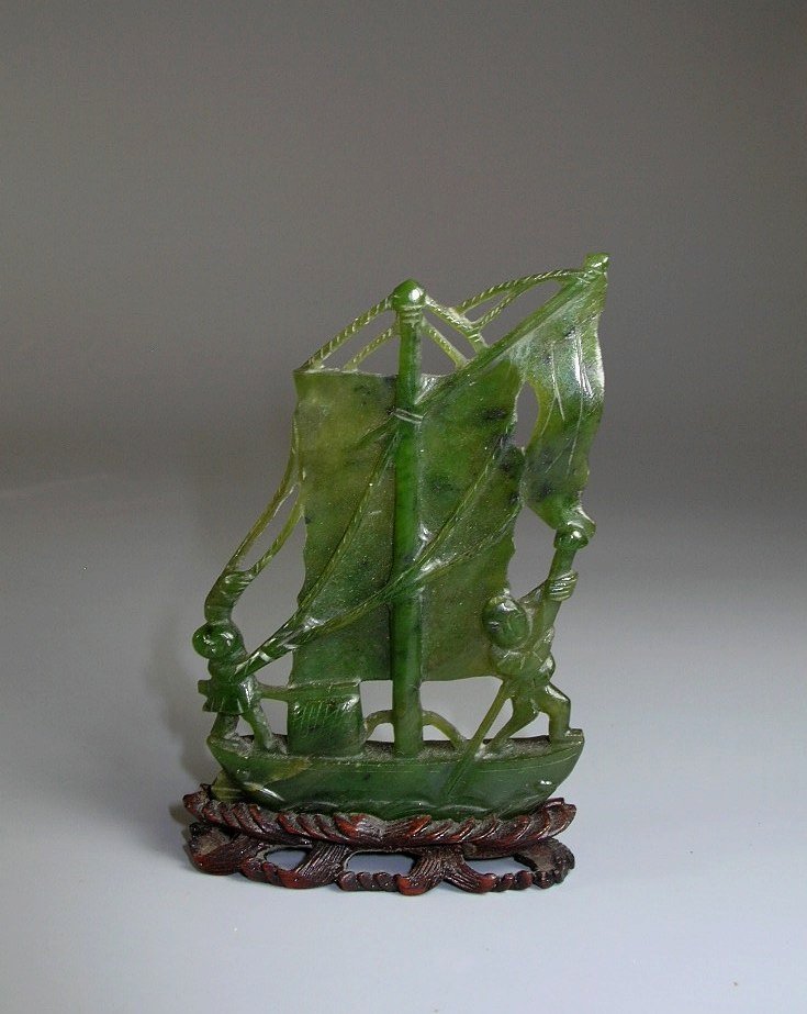 19th Century Spinach Jade Sailboat with Carved Hardwood (1 of 8)