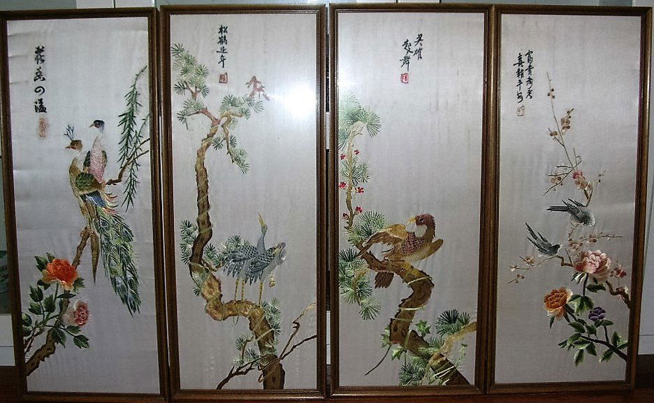 Set of Four Vintage Chinese Silk Embroidery Panels (1 of 10)
