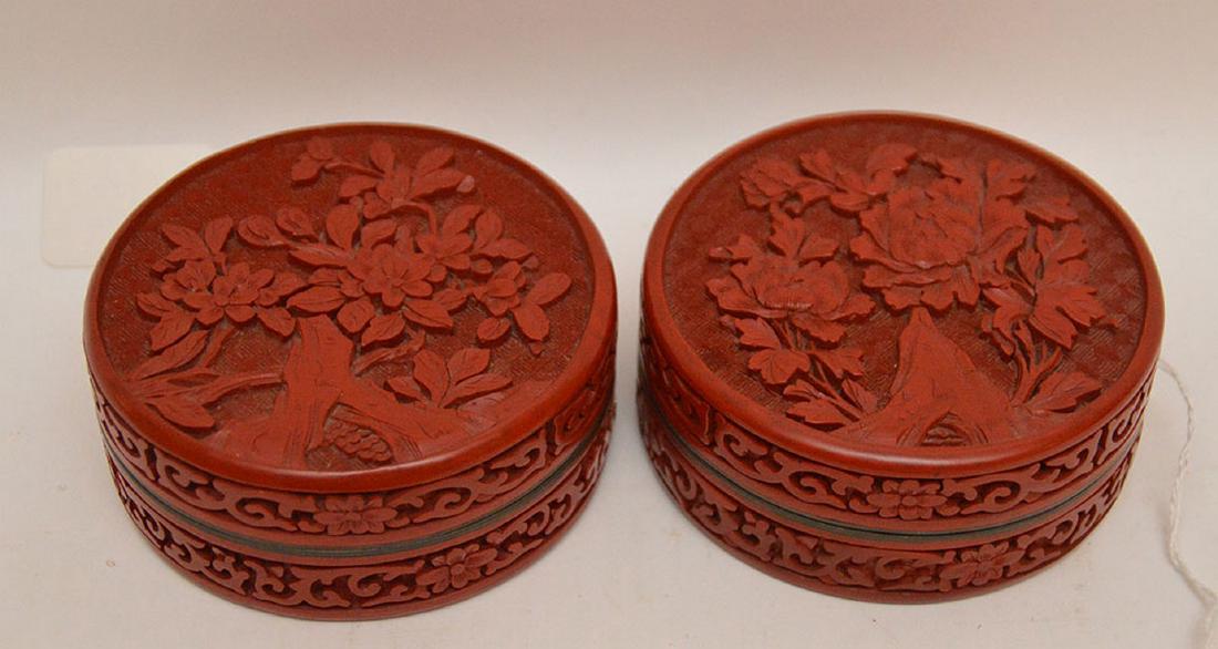 Pair Antique Cinnabar Boxes. Dia. 4" (1 of 5)