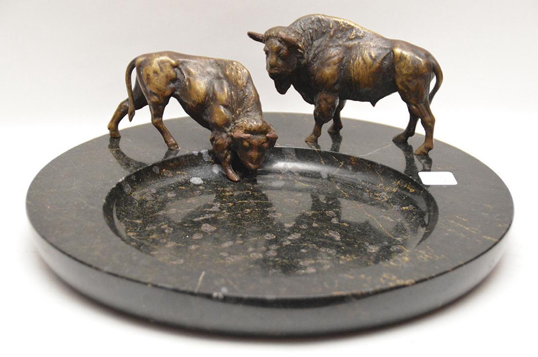 Bronze & Marble Desk Stand with two buffalo. Ht. 6" (1 of 4)