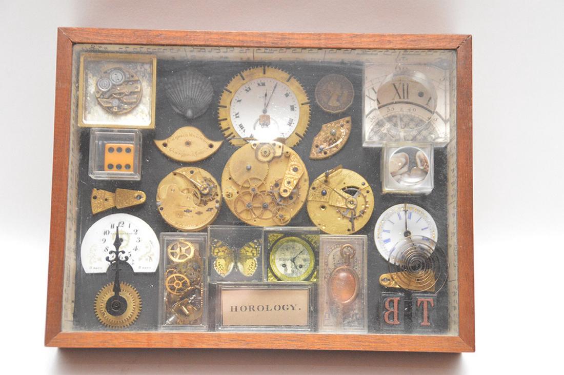 Assemblage of mounted watch parts in shadow box, 8 (1 of 6)