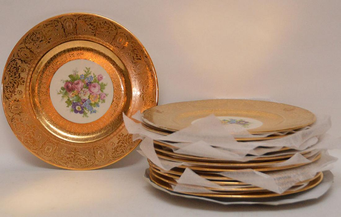 Set 12 Plates with gilt rims. Condition: some gold is: Set 12 Plates with gilt rims. Condition: some gold is worn. Dia. 10 1/4"