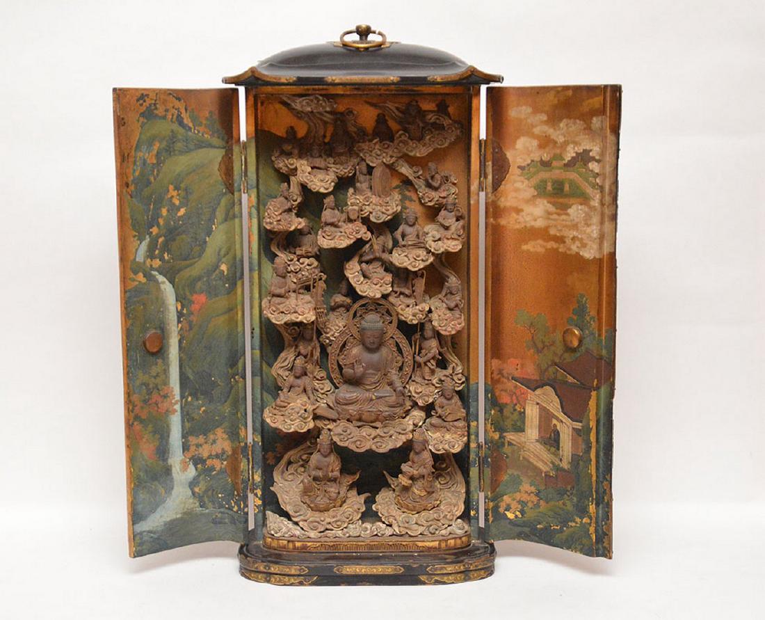 Japanese enclosed lacquered altar with brass fittings, (1 of 11)