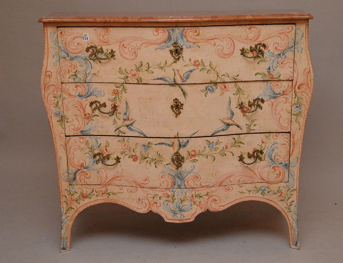 Bombay form 3 drawer painted commode with rose color (1 of 7)