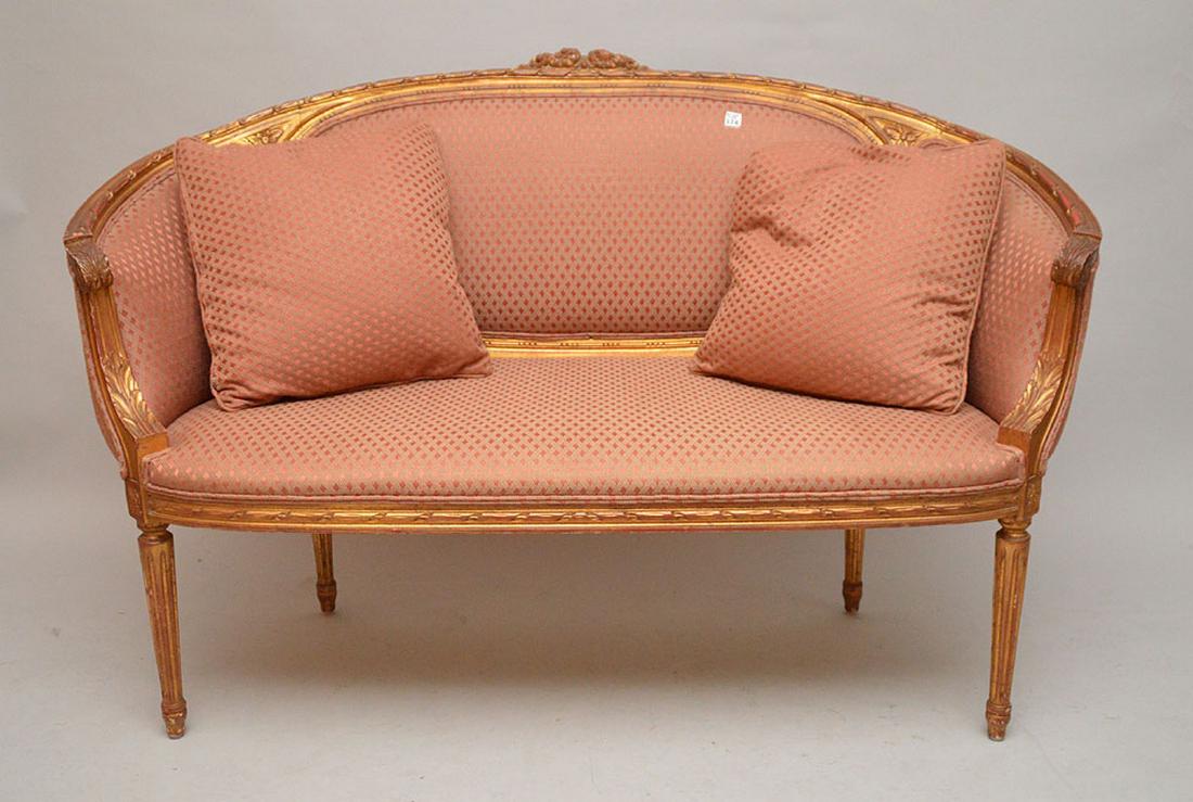 Carved gilded French frame settee, nicely upholstered, (1 of 3)