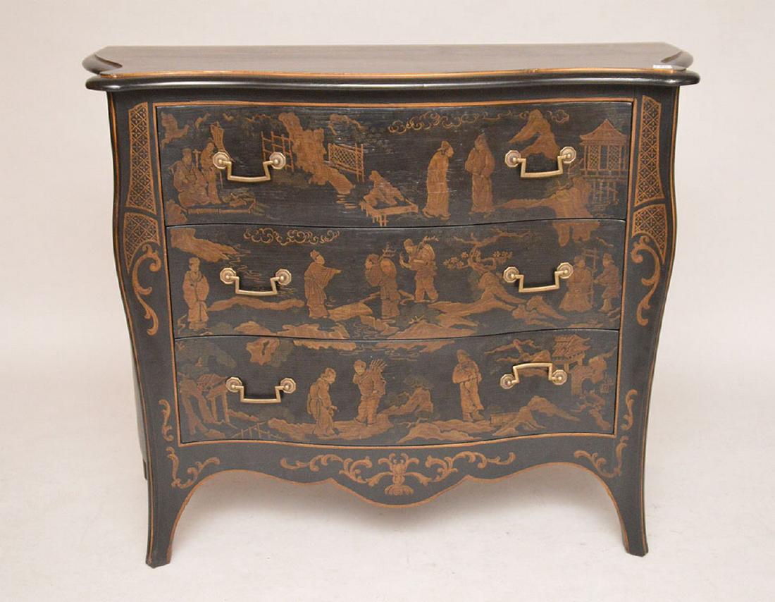 Black 3 drawer serpentine chest Asian motif, 32"h x 40 (1 of 5)