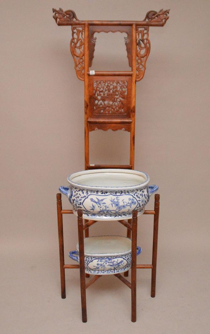 Chinese stand, carved back with 2 blue & white: Chinese stand, carved back with 2 blue & white footbaths, 69"h