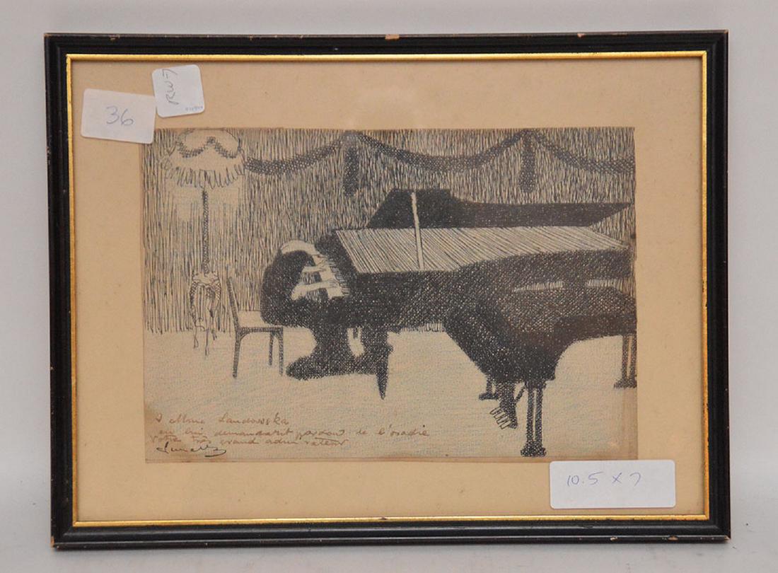 2 drawings by Herschel Levit, pen/ink girl playing: 2 drawings by Herschel Levit, pen/ink girl playing piano 10.5 x 7 inches & Ink sketch playing piano 14 x 11 inches