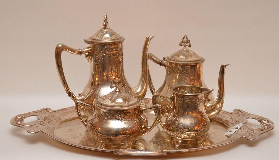 5 pc. Art Nouveau silver plate tea set, tray (22" x (1 of 3)