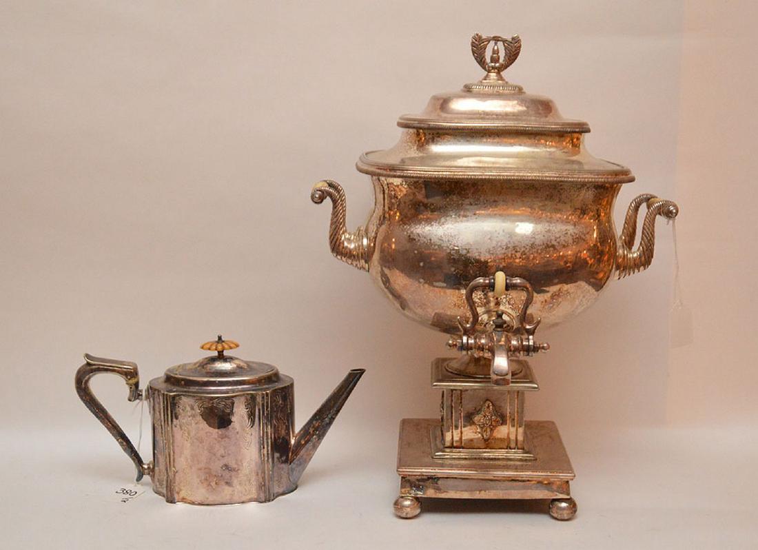 Georgian style silver plate teapot, (11"L) AND (1 of 5)