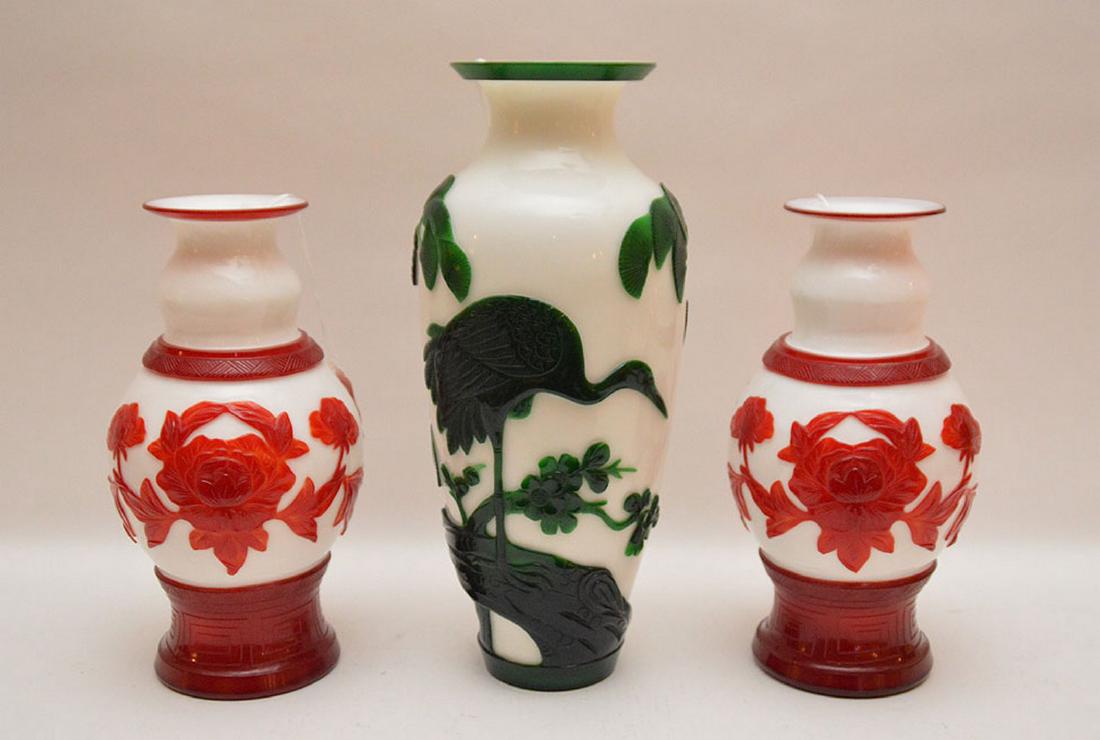 Lot 3 Peeking Glass Vases.  Pair Red and White Ht. 9 (1 of 5)