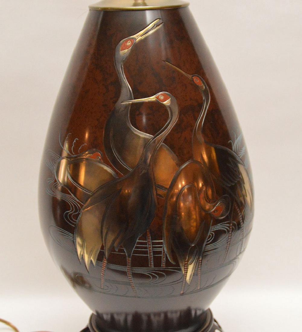 Modern Asian style bronze lamp with high relief cranes, (1 of 5)