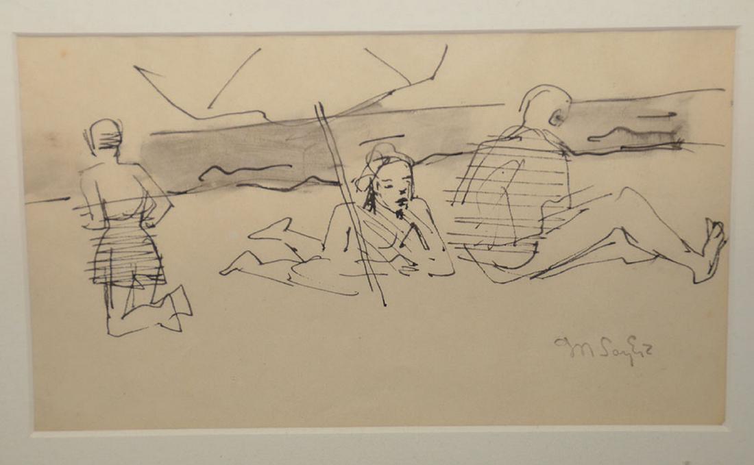 Moses Soyer (American 1899-1974) pen on paper, 3: Moses Soyer (American 1899-1974) pen on paper, 3 figures on the beach with an umbrella, 4.5 x 7.5 inches