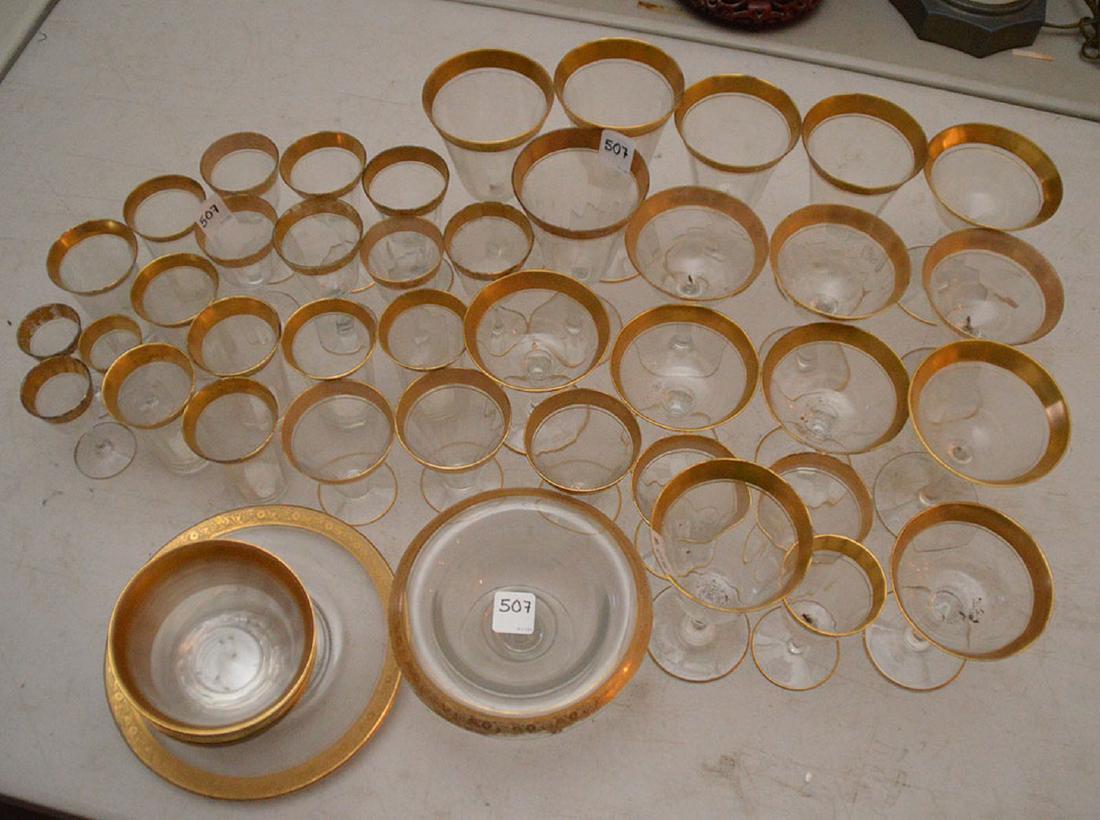 Approximately 40 Pieces Glassware with gold rims. (1 of 3)