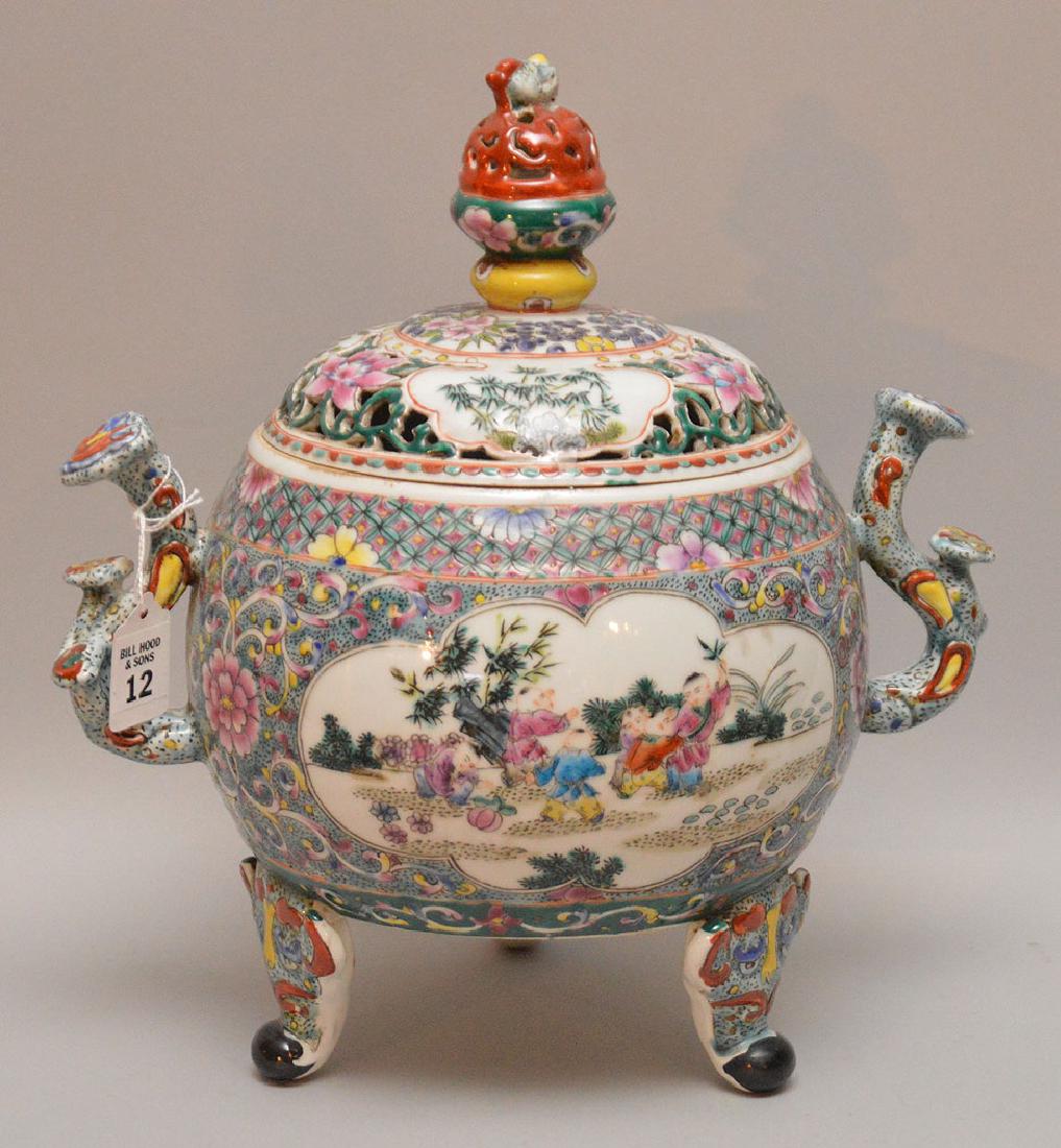 Chinese Porcelain Footed Jar with reticulated top.  Ht. (1 of 8)