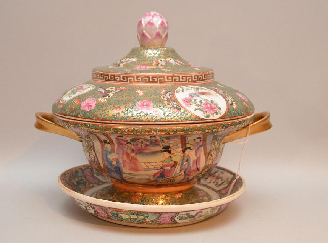 Large Rose Medallion Tureen & Underplate.  Ht. 13" Dia. (1 of 3)