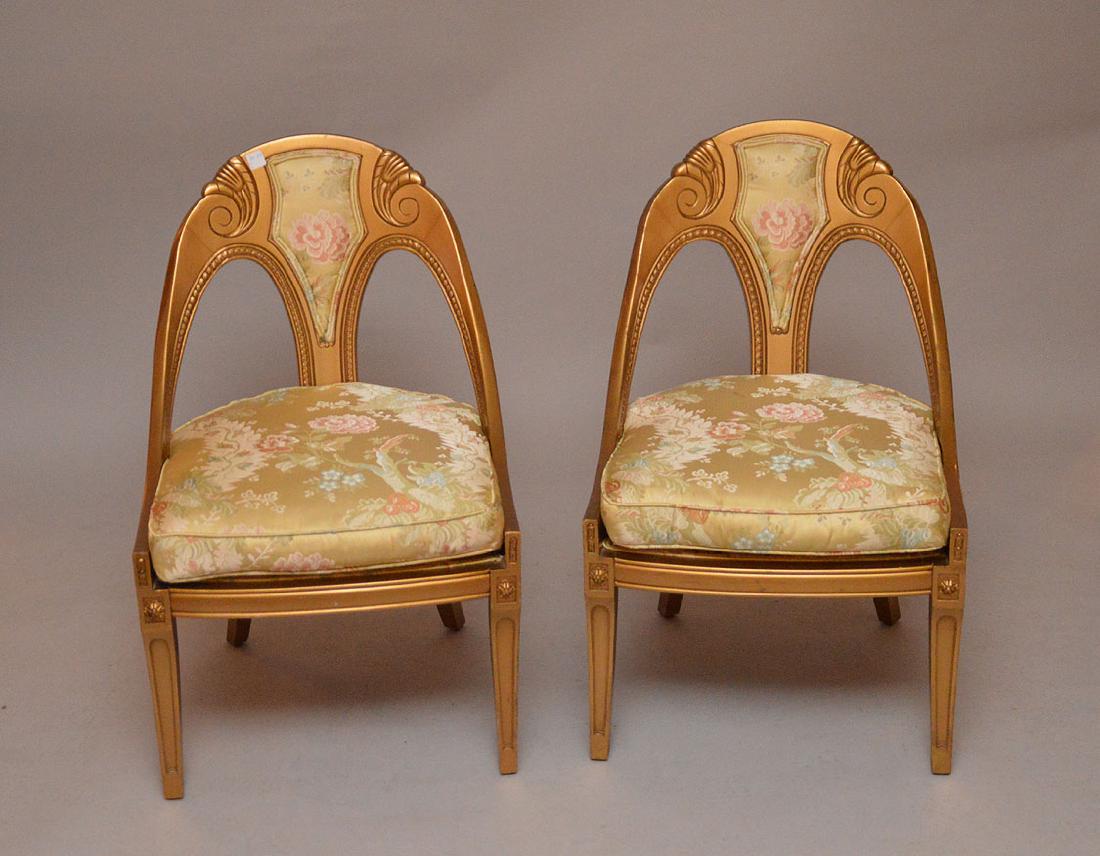 Pair horseshoe frame gold painted chairs with silk: Pair horseshoe frame gold painted chairs with silk upholstery