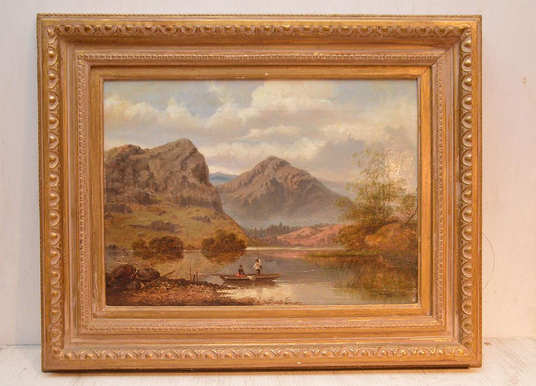 James Burrell Smith (BRITISH, 1822-1897) oil on canvas,: James Burrell Smith (BRITISH, 1822-1897) oil on canvas, Mountain Landscape, two figures in small boat, 12-3/4 in. x 17-3/4in.