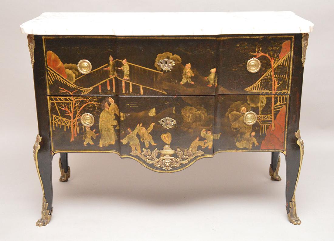 19th c. black Chinoiserie 2 drawer chest with white (1 of 11)