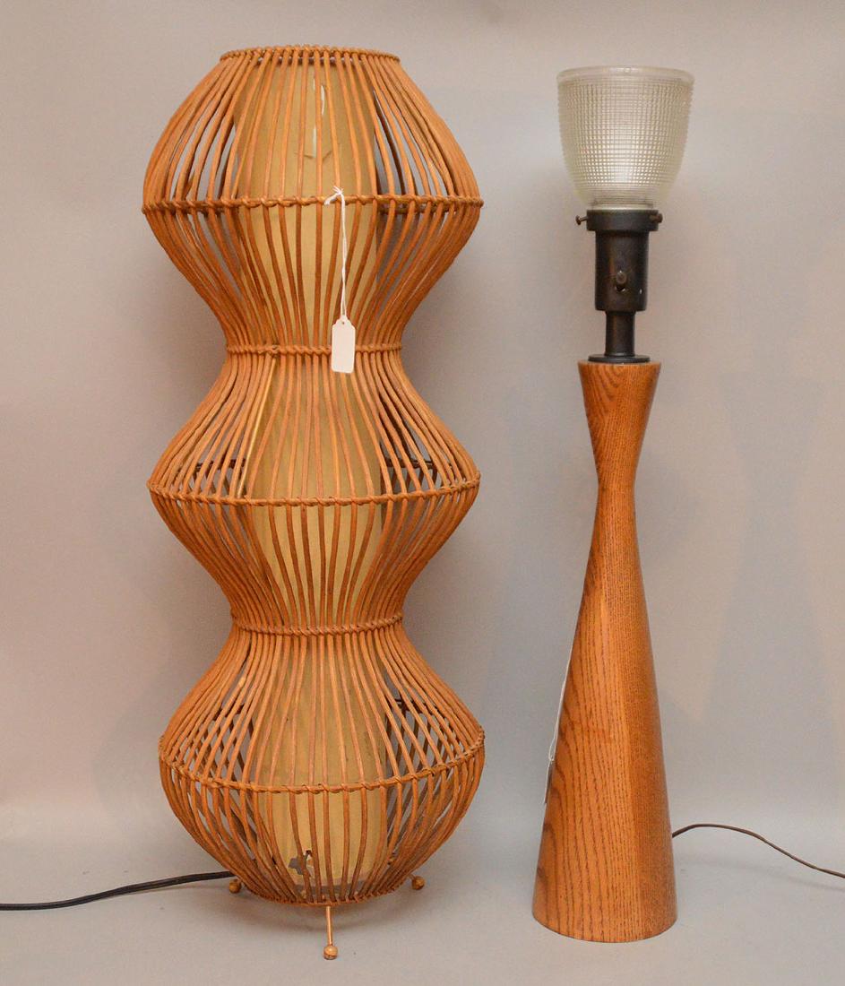 1960's Modern rattan Lamp on tripod base 30in. Tall (1 of 3)
