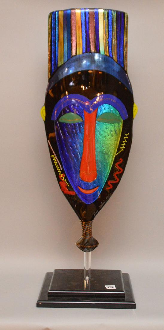 Modern glass sculpture, red, teal, gold and blue colors: Modern glass sculpture, red, teal, gold and blue colors on fitted base, 23"h x 11"w