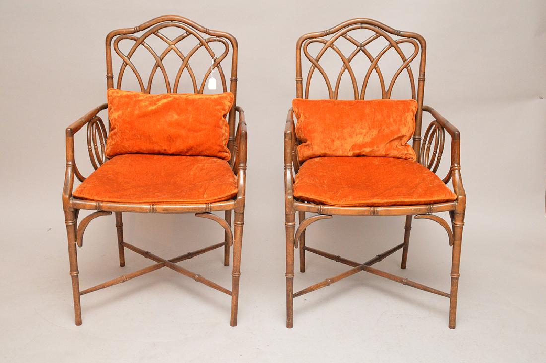 Pair bamboo arm chairs, caned seats, both with orange (1 of 6)