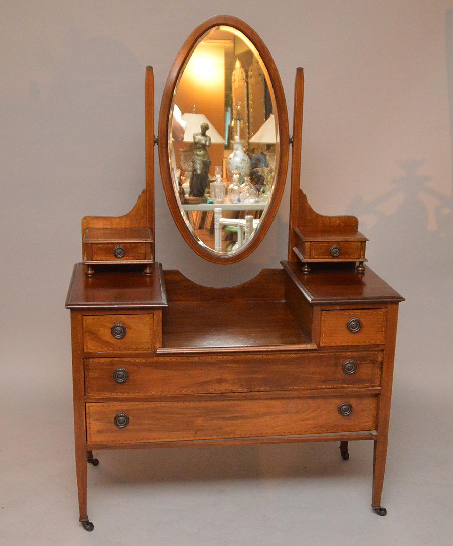 Mahogany dresser/vanity, string inlay with oval mirror, (1 of 6)