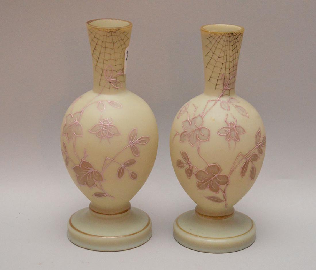 Pair 19th c. British "Bristol" spider web vases, 8"h (1 of 3)