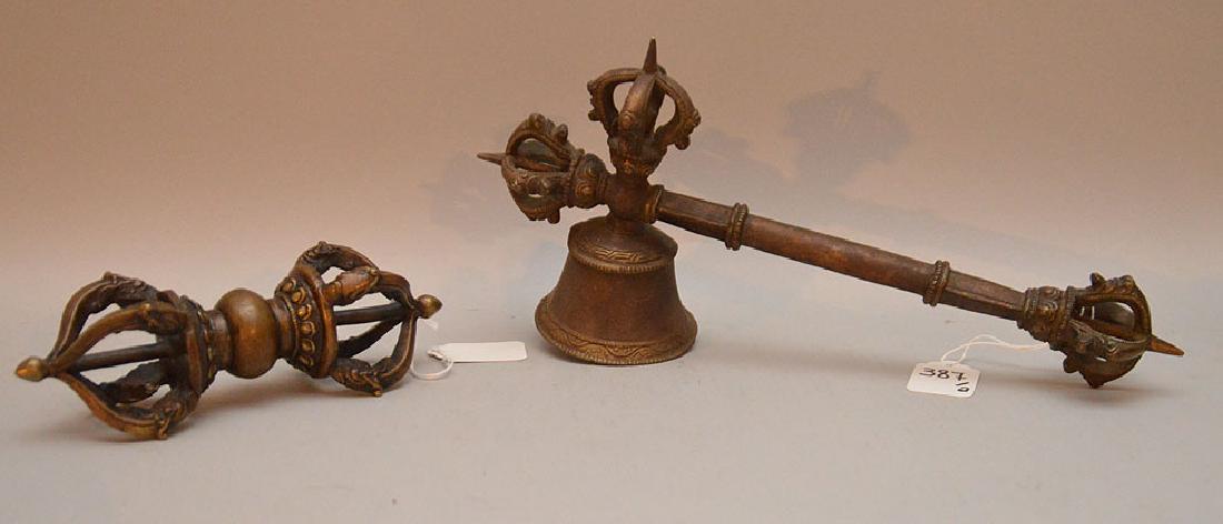 Two Pieces Tibetan Bronze.  Bell Lth 12", Crown Form (1 of 3)