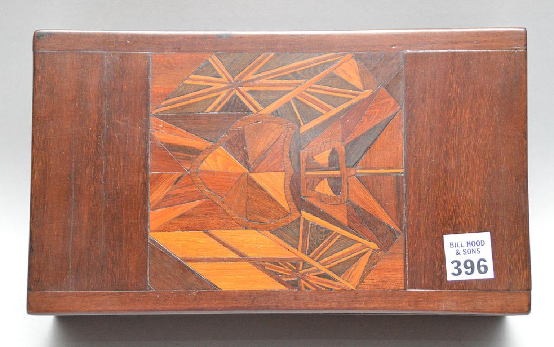 Inlaid hinged box, 1930's, 3 3/8"h x 11 1/4"w x 6 1/2"d: Inlaid hinged box, 1930's, 3 3/8"h x 11 1/4"w x 6 1/2"d