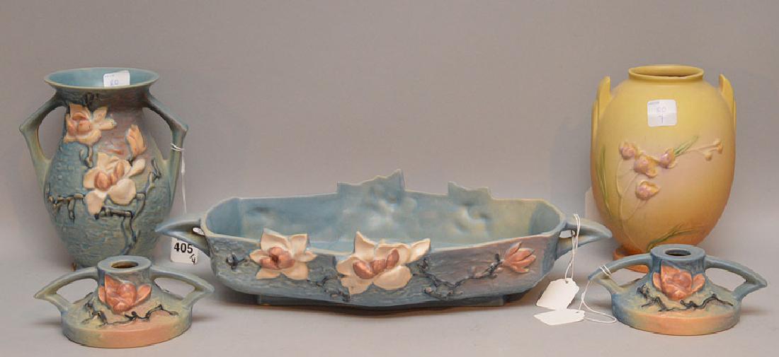 4pcs. Roseville pottery, blue vase (7 1/2"h), yellow (1 of 5)