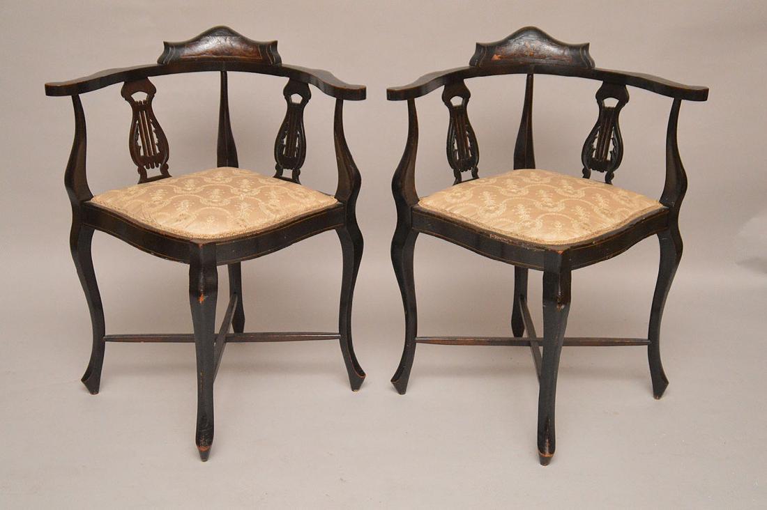 Pair 19th c. corner chairs, lyre backs, worn upholstery (1 of 6)