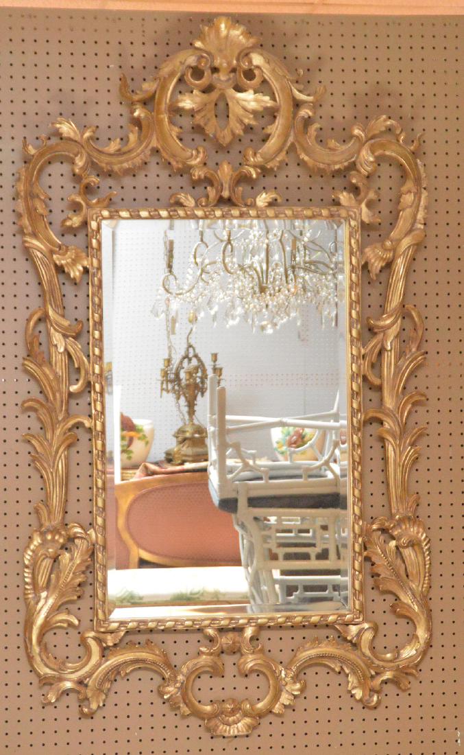 Rococo giltwood frame mirror, 56"h x 33"w (piece needs: Rococo giltwood frame mirror, 56"h x 33"w (piece needs gluing)