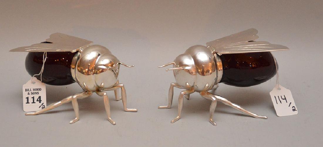 Two Silver Plated & Glass Bubble Bee's.  Ht. 3 1/4" (1 of 5)