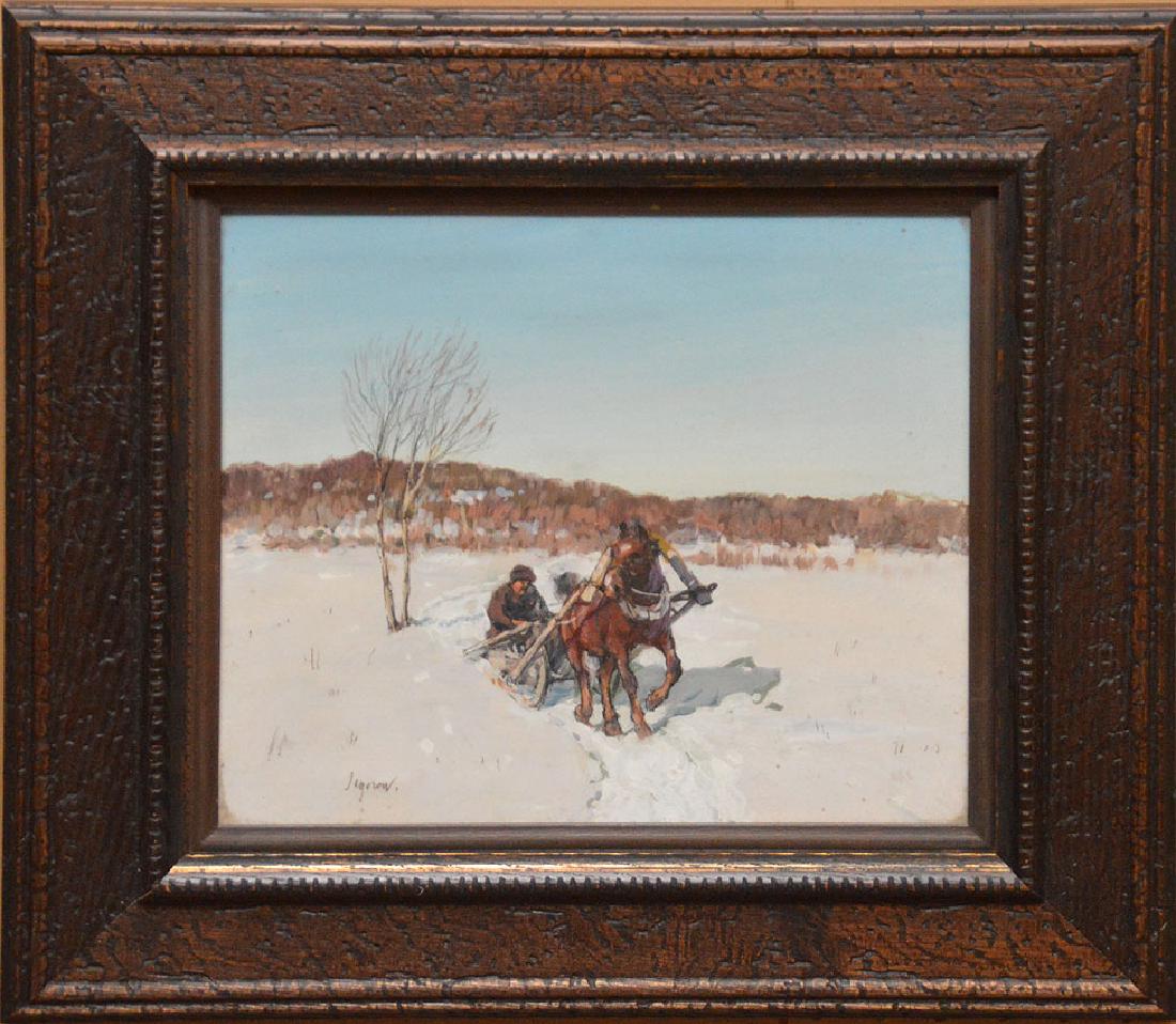 Andrei Afanasievich Jegorov (Russian, 1878–1954) winter: Andrei Afanasievich Jegorov (Russian, 1878–1954) winter scene with horse drawn cart, signed lower left, 10.5in. x 12in.