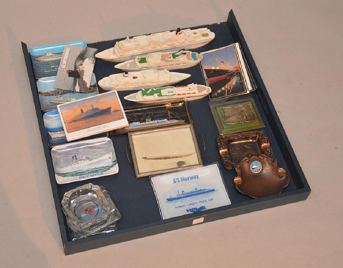 Nautical lot of vintage memorabilia, assorted melamine: Nautical lot of vintage memorabilia, assorted melamine trays, assorted Cunard Line postcards, 4 ship models all Montego Products, Sun Princess, Southward and Royal Viking Star belt buckle, etc.