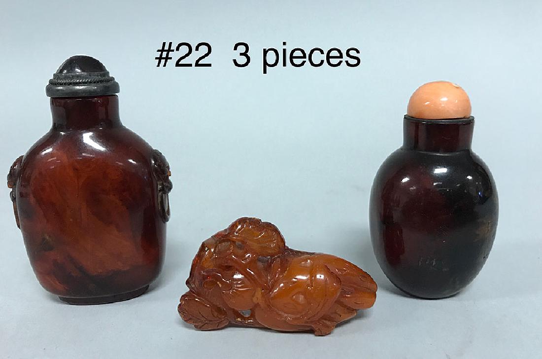 3 pcs. Amber, incl; snuff bottle with metal top, (1 of 9)