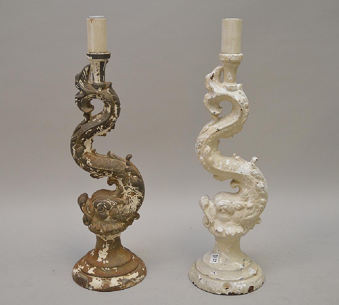 Pair of iron classical dolphin motif columns/lamps - (1 of 5)
