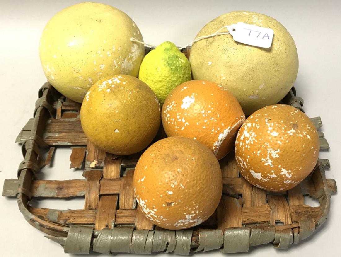 6 vintage pottery fruit pieces, 2 grapefruit, 4: 6 vintage pottery fruit pieces, 2 grapefruit, 4 oranges, stamped Pinellas products, St. Petersburg, as seen in Florida Citrus grove stands in 1960's-1980's AND 1 stone lemon