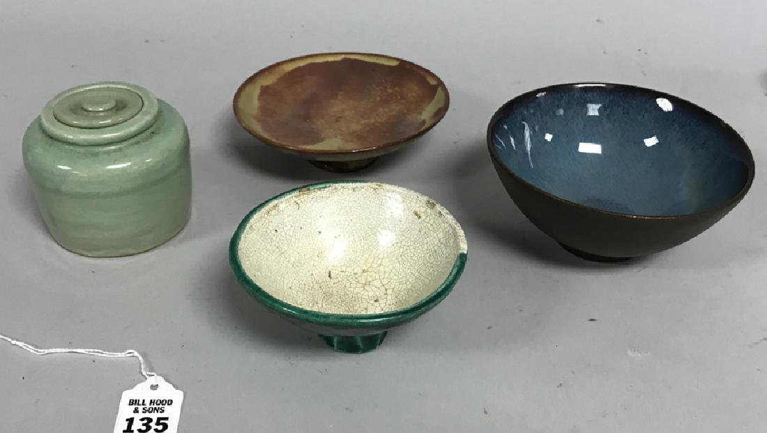 4 pcs. Antique Japanese pottery, incl; bowl blue glaze (1 of 9)