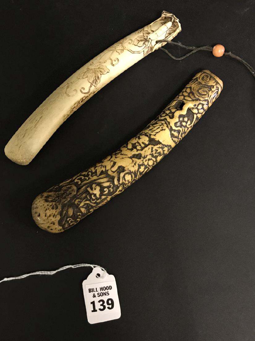 Two 19th c. carved bone knife handles, darker handle (8