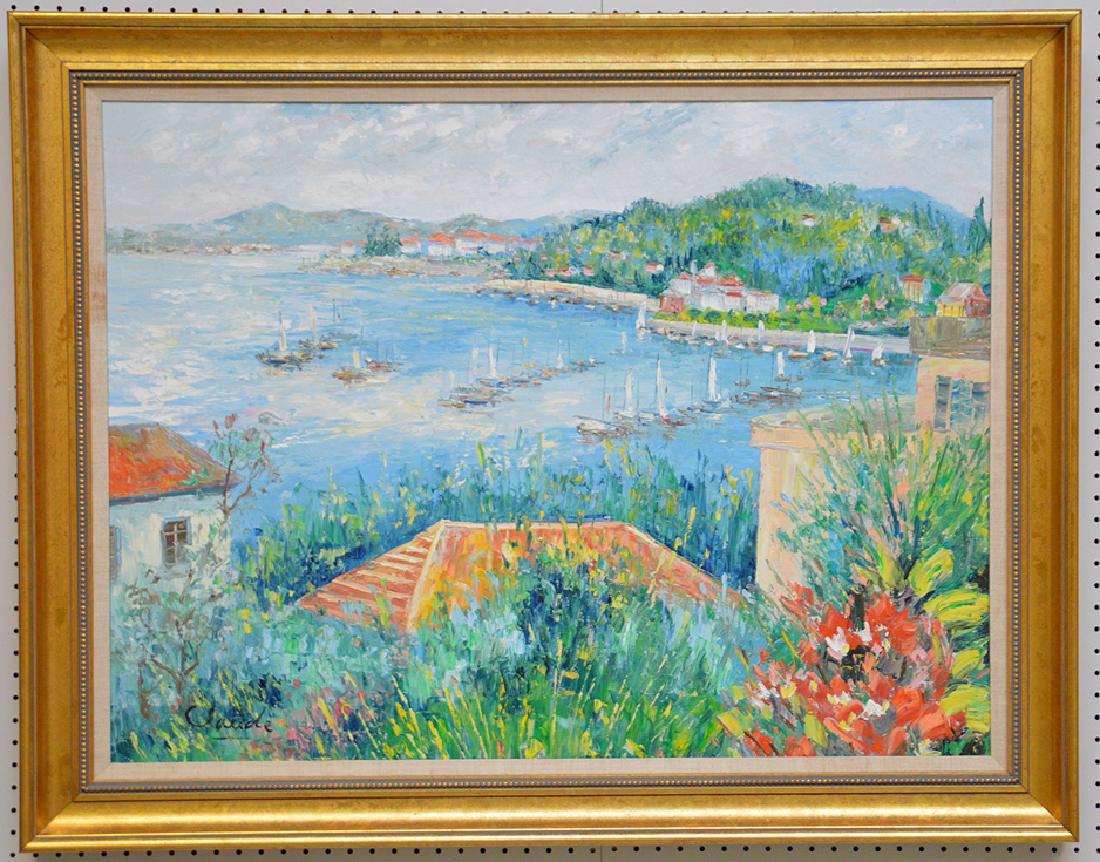 French style harbor scene signed Claude, oil on canvas, (1 of 5)
